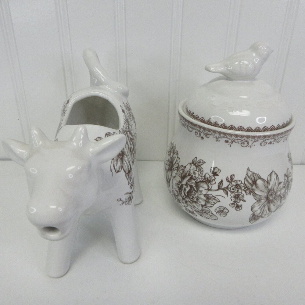 Pioneer Woman Agatha Stoneware Bird Sugar Bowl Cow Creamer Set Floral Brown New